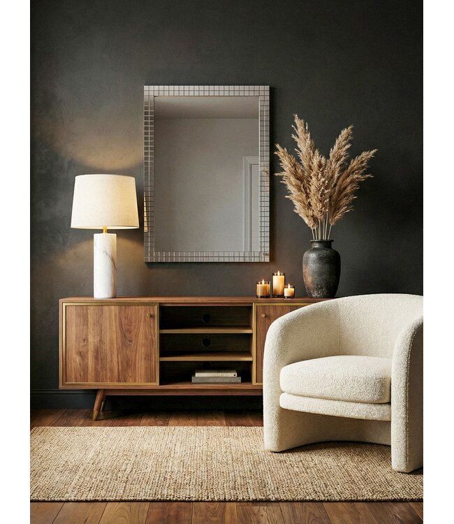Wohnling Wandspiegel 60x90 cm met mozaïeklijst – Rechthoekige spiegel – Glazen woonspiegel – Moderne hangspiegel halspiegel – Woonkamerspiegel verticaal & horizontaal – Decoratieve spiegel Handgemaakt