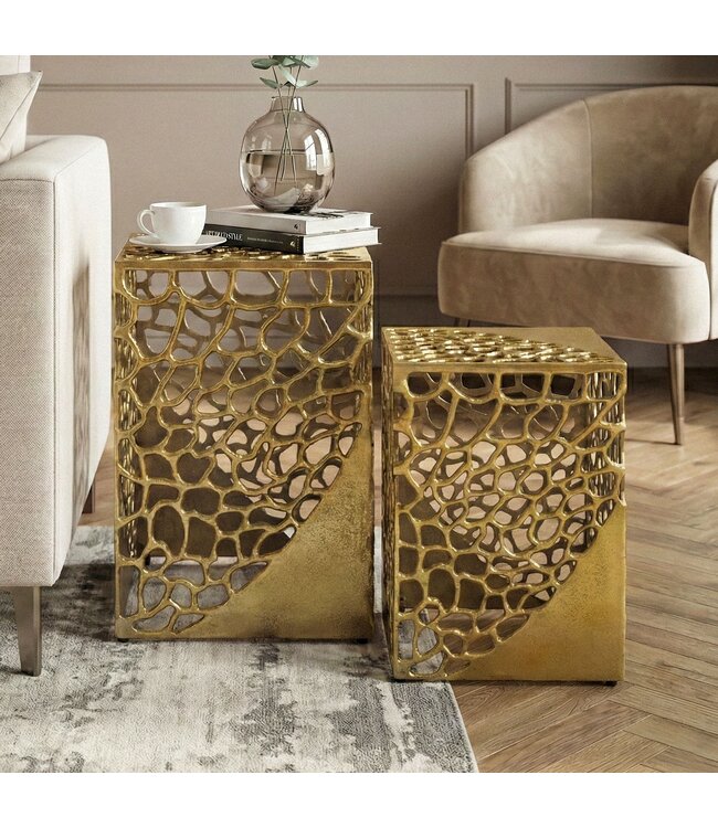 Wohnling 2-delige set bijzettafel aluminium goud - Design salontafel set - Metalen woonkamertafel modern aluminium - Vierkante banktafel metaal - Loungtafel set nesttafel handgemaakt