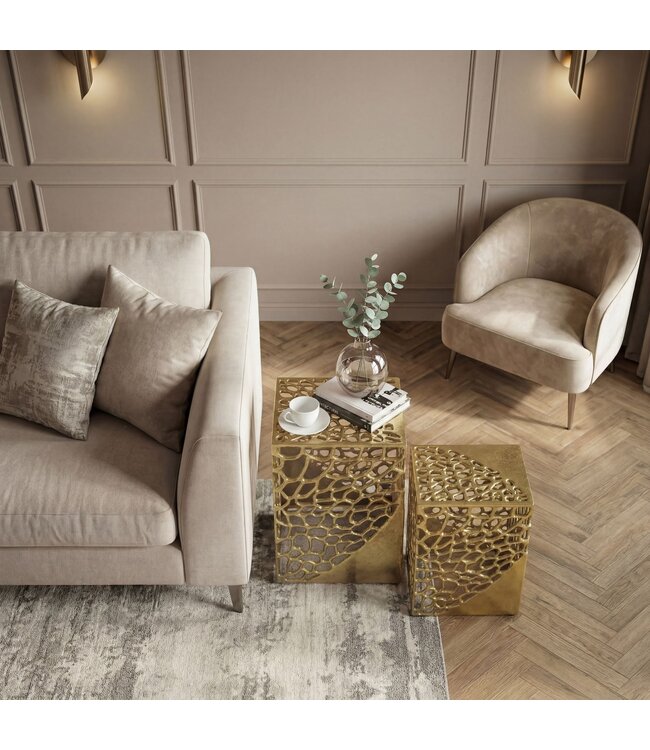 Wohnling 2-delige set bijzettafel aluminium goud - Design salontafel set - Metalen woonkamertafel modern aluminium - Vierkante banktafel metaal - Loungtafel set nesttafel handgemaakt