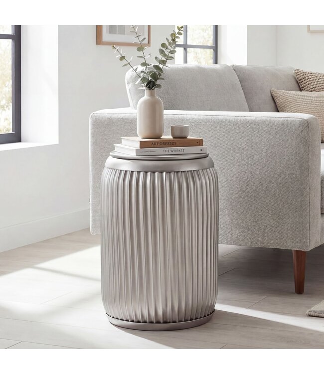 Wohnling Bijzettafel Metaal Rond 35cm Zilver met afneembaar tafelblad - Design Salontafel met Opbergruimte - Extravagante Koffietafel Ribbeloptiek - Moderne Kleine Sofatafel Handgemaakt