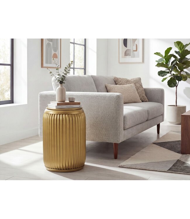 Wohnling Bijzettafel Metaal Rond 35cm Goud met afneembaar tafelblad - Design Salontafel met Opbergruimte - Extravagante Koffietafel met Ribbeloptiek - Moderne Kleine Sofatafel Handgemaakt