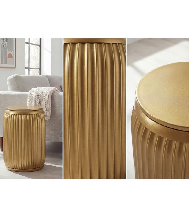 Wohnling Bijzettafel Metaal Rond 35cm Goud met afneembaar tafelblad - Design Salontafel met Opbergruimte - Extravagante Koffietafel met Ribbeloptiek - Moderne Kleine Sofatafel Handgemaakt