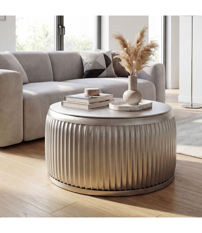 Wohnling Salontafel Metaal Rond 60cm Zilver met afneembaar tafelblad - Design Woonkamertafel met opbergruimte - Extravagante Loungetafel Metaal - Moderne Sofatafel - Bijzettafel Handgemaakt