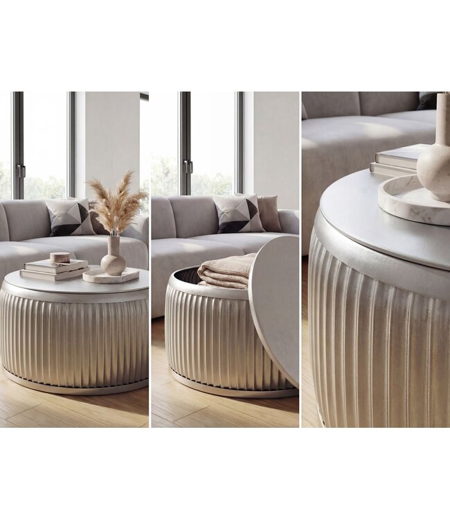 Wohnling Salontafel Metaal Rond 60cm Zilver met afneembaar tafelblad - Design Woonkamertafel met opbergruimte - Extravagante Loungetafel Metaal - Moderne Sofatafel - Bijzettafel Handgemaakt