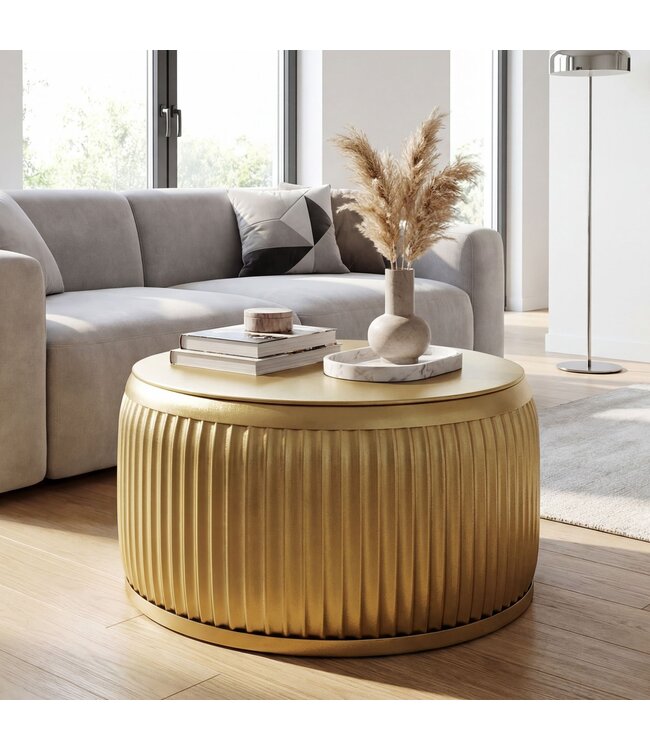 Wohnling Salontafel Metaal Rond 60cm Goud met afneembaar tafelblad - Design Woonkamertafel met opbergruimte - Extravagante Loungetafel Metaal - Moderne Sofatafel - Bijzettafel Handgemaakt