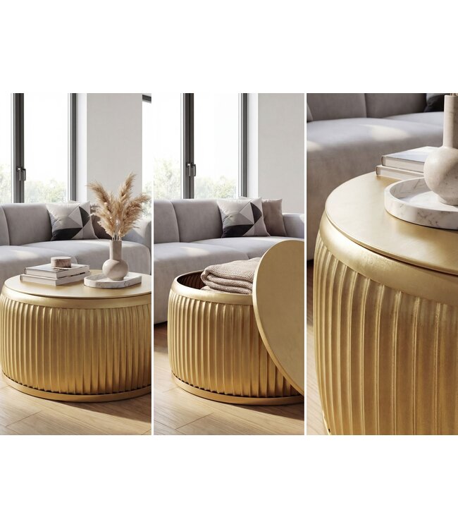 Wohnling Salontafel Metaal Rond 60cm Goud met afneembaar tafelblad - Design Woonkamertafel met opbergruimte - Extravagante Loungetafel Metaal - Moderne Sofatafel - Bijzettafel Handgemaakt