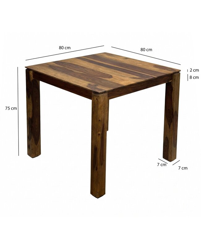 Wohnling Eettafel Massief Hout Sheesham 80x80 cm Donkerbruin - Vierkante Eetkamertafel Hout - Moderne Keukentafel voor 4 Personen - Stabiele Houten Tafel - Tafel voor Eetkamer Bistrotafel Handgemaakt