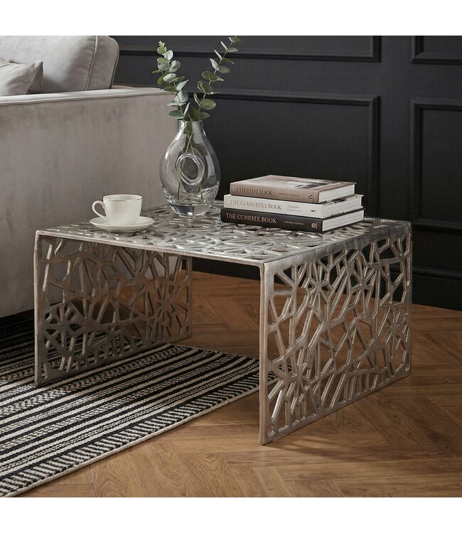Wohnling Salontafel Aluminium Zilver 60cm Vierkante Sofatafel Metaal - Woonkamertafel Alu modern met Patroon - Design Tafel laag - Loungtafel Bijzettafel Handgemaakt