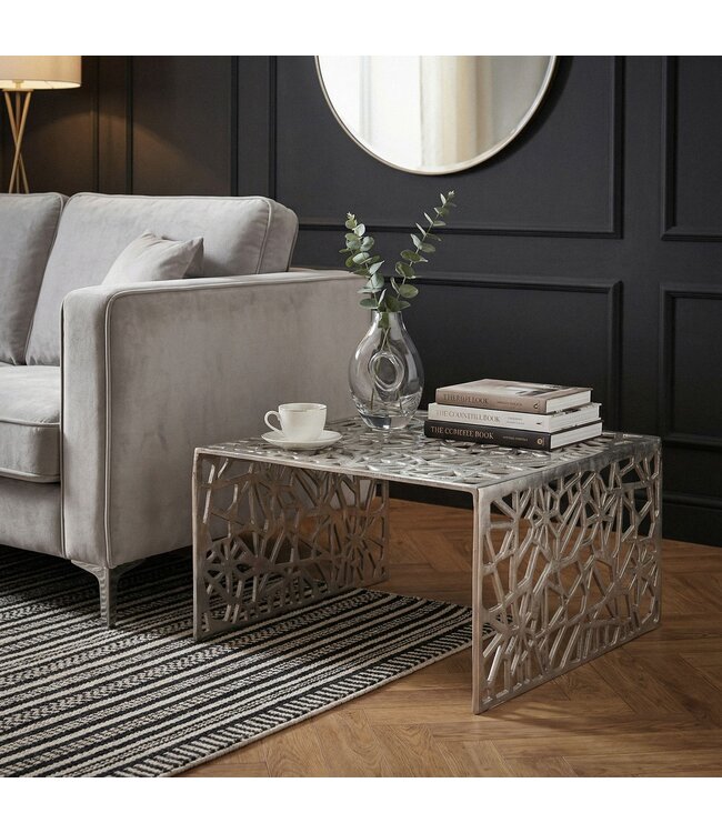 Wohnling Salontafel Aluminium Zilver 60cm Vierkante Sofatafel Metaal - Woonkamertafel Alu modern met Patroon - Design Tafel laag - Loungtafel Bijzettafel Handgemaakt