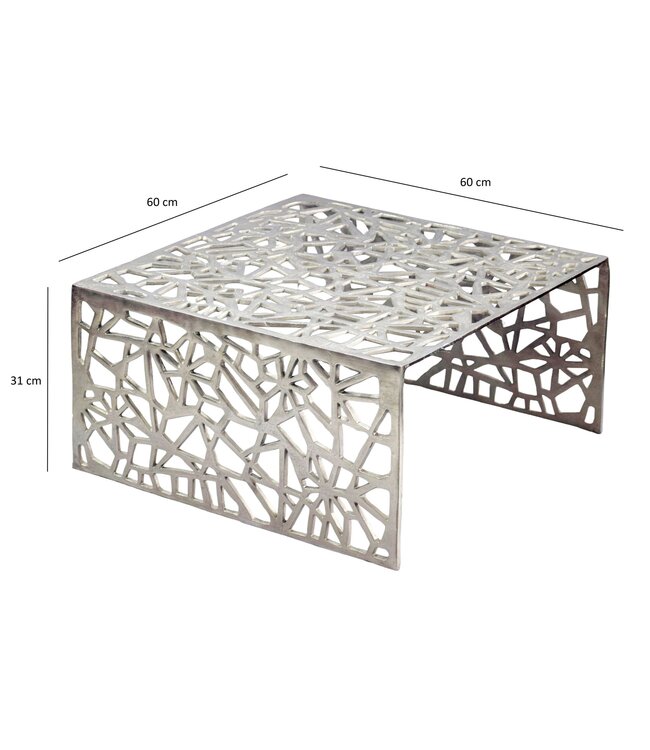Wohnling Salontafel Aluminium Zilver 60cm Vierkante Sofatafel Metaal - Woonkamertafel Alu modern met Patroon - Design Tafel laag - Loungtafel Bijzettafel Handgemaakt