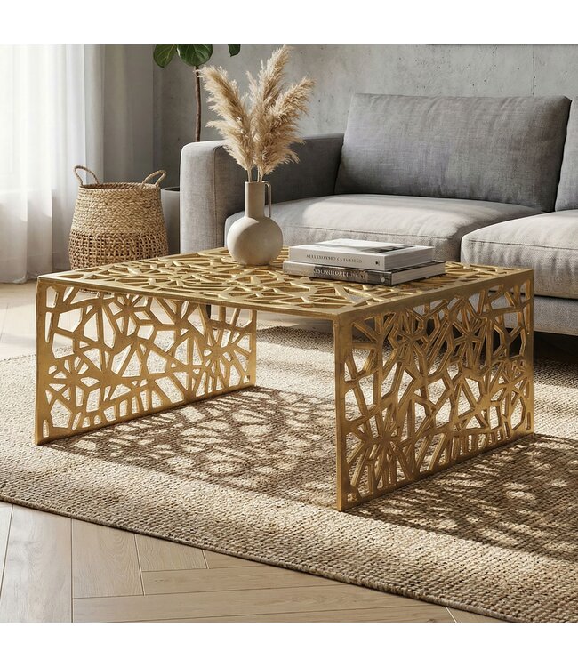 Wohnling Salontafel Aluminium Goud 60cm Vierkante Sofatafel Metaal - Woonkamertafel Alu modern met patroon - Design tafel laag - Loungtafel Bijzettafel Handgemaakt