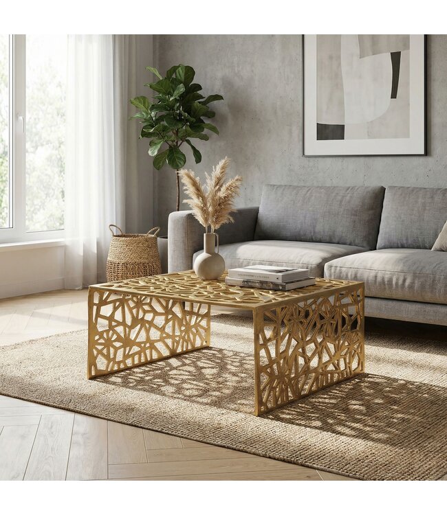 Wohnling Salontafel Aluminium Goud 60cm Vierkante Sofatafel Metaal - Woonkamertafel Alu modern met patroon - Design tafel laag - Loungtafel Bijzettafel Handgemaakt