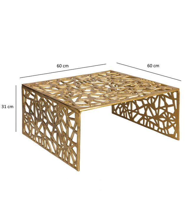 Wohnling Salontafel Aluminium Goud 60cm Vierkante Sofatafel Metaal - Woonkamertafel Alu modern met patroon - Design tafel laag - Loungtafel Bijzettafel Handgemaakt