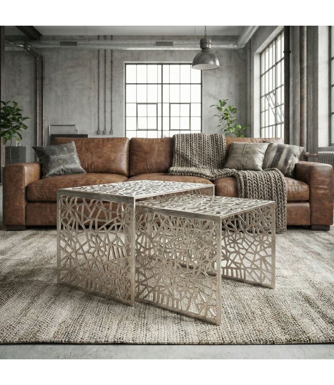 Wohnling 2-delige set salontafels aluminium zilver - Design bijzettafel set - Metalen woonkamertafel modern aluminium - Rechthoekige banktafel metaal - Loungetafel set nesttafel handgemaakt