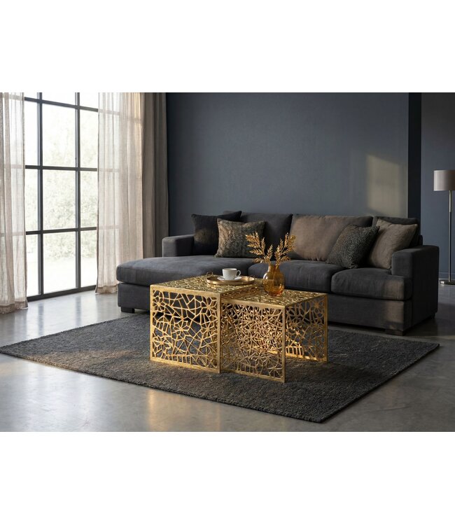 Wohnling 2-delige Salontafel Set Aluminium Goud - Design Bijzettafel Set - Metalen Woonkamertafel modern Alu - Sofatafel rechthoekig Metaal - Loungetafel Set Nesttafel Handgemaakt