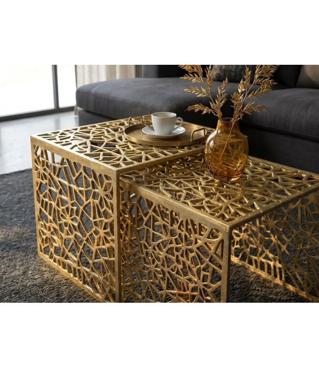 Wohnling 2-delige Salontafel Set Aluminium Goud - Design Bijzettafel Set - Metalen Woonkamertafel modern Alu - Sofatafel rechthoekig Metaal - Loungetafel Set Nesttafel Handgemaakt
