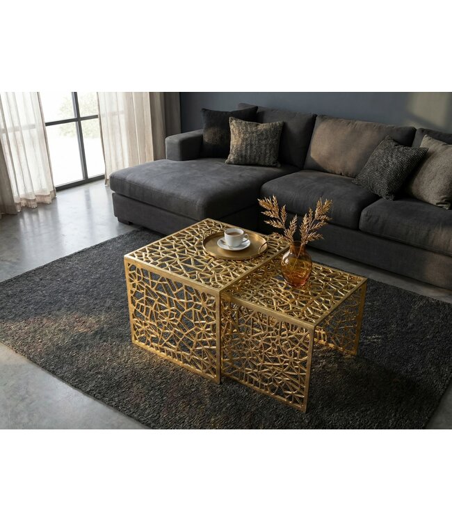 Wohnling 2-delige Salontafel Set Aluminium Goud - Design Bijzettafel Set - Metalen Woonkamertafel modern Alu - Sofatafel rechthoekig Metaal - Loungetafel Set Nesttafel Handgemaakt