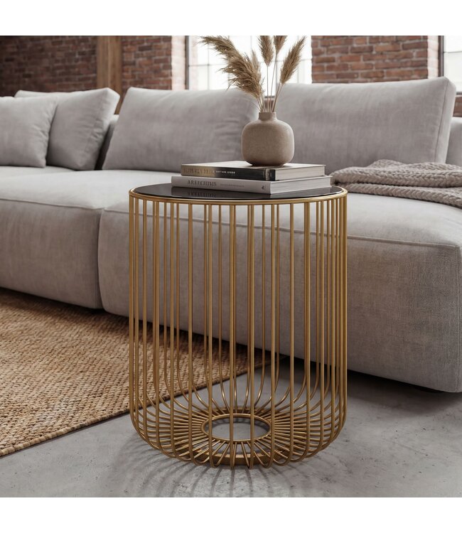 Wohnling Bijzettafel Glas Metaal 40cm Goud Rond - Moderne Aanrechttafel - Design Salontafel Couchtafel Draadmand - Loungtafel met Roosterframe - Ronde Woonkamertafel Klein Handgemaakt