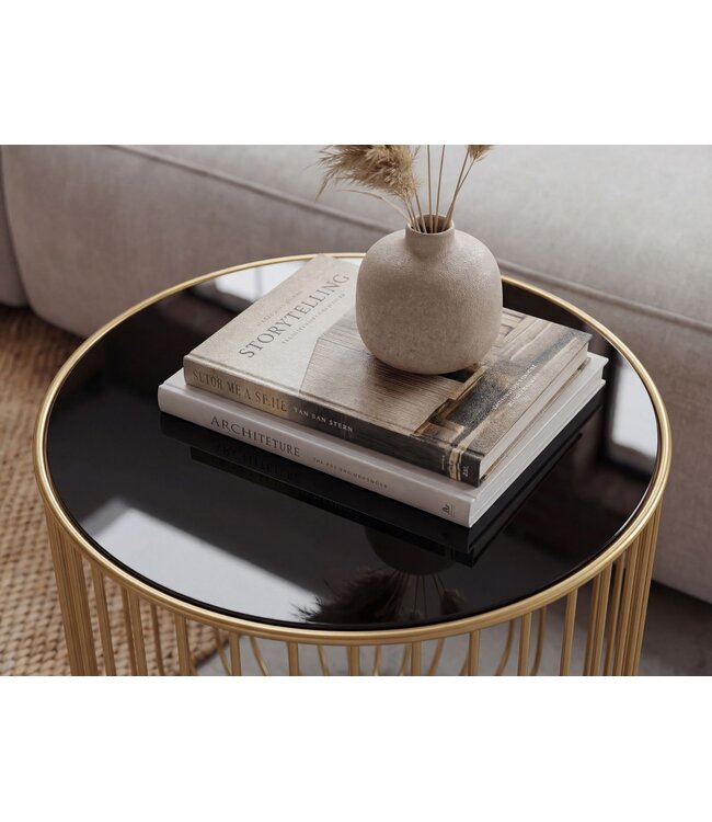 Wohnling Bijzettafel Glas Metaal 40cm Goud Rond - Moderne Aanrechttafel - Design Salontafel Couchtafel Draadmand - Loungtafel met Roosterframe - Ronde Woonkamertafel Klein Handgemaakt