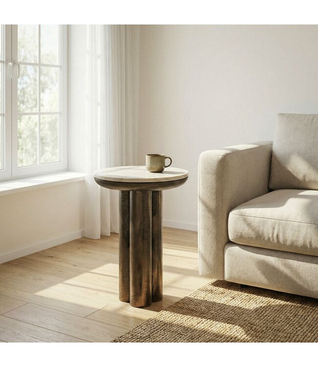 Wohnling Bijzettafel Metaal met wit Marmer Tafelblad 36cm Rond - Design Bijzettafel Aluminium - Loungetafel Zuilpoot - Aluminium Salontafel - Kleine Woonkamertafel Handgemaakt