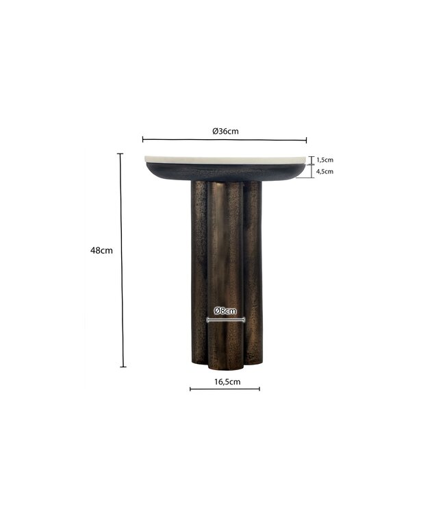 Wohnling Bijzettafel Metaal met wit Marmer Tafelblad 36cm Rond - Design Bijzettafel Aluminium - Loungetafel Zuilpoot - Aluminium Salontafel - Kleine Woonkamertafel Handgemaakt