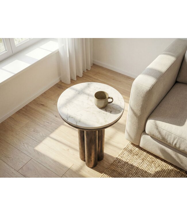 Wohnling Bijzettafel Metaal met wit Marmer Tafelblad 36cm Rond - Design Bijzettafel Aluminium - Loungetafel Zuilpoot - Aluminium Salontafel - Kleine Woonkamertafel Handgemaakt