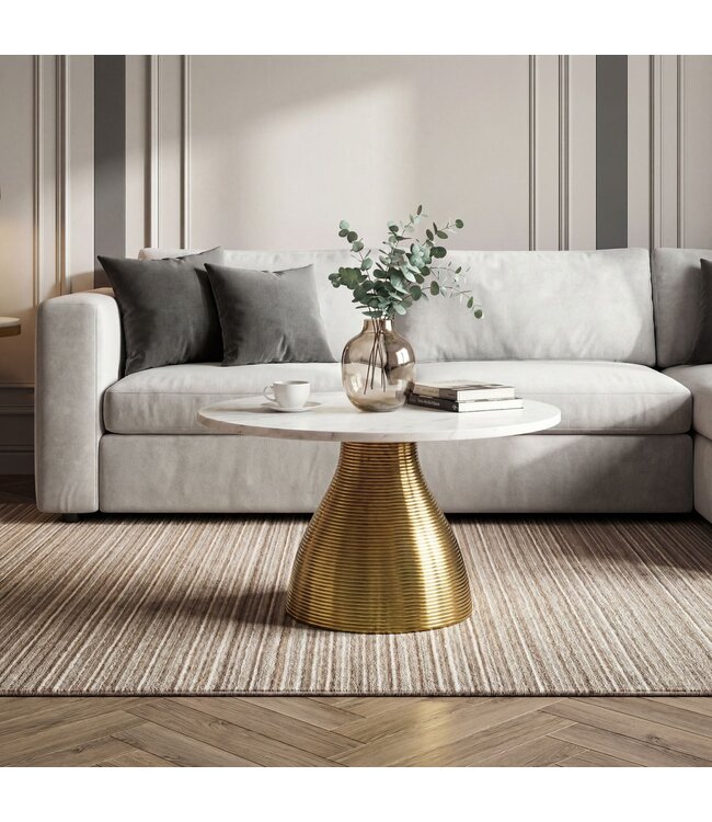 Wohnling Salontafel Metaal met wit Marmer Tafelblad 60cm Rond - Moderne Woonkamertafel Aluminium Goud - Design Sofatafel Alu - Loungtafel Ribbeloptiek - Elegante Bijzettafel Handgemaakt