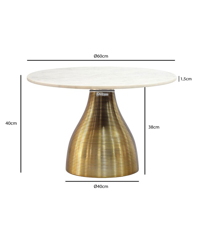 Wohnling Salontafel Metaal met wit Marmer Tafelblad 60cm Rond - Moderne Woonkamertafel Aluminium Goud - Design Sofatafel Alu - Loungtafel Ribbeloptiek - Elegante Bijzettafel Handgemaakt