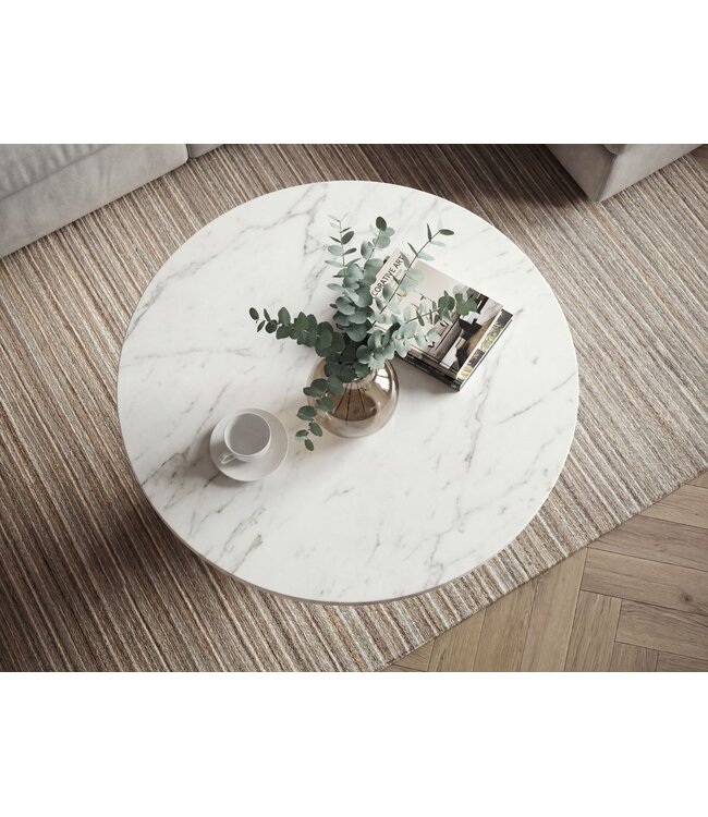 Wohnling Salontafel Metaal met wit Marmer Tafelblad 60cm Rond - Moderne Woonkamertafel Aluminium Goud - Design Sofatafel Alu - Loungtafel Ribbeloptiek - Elegante Bijzettafel Handgemaakt
