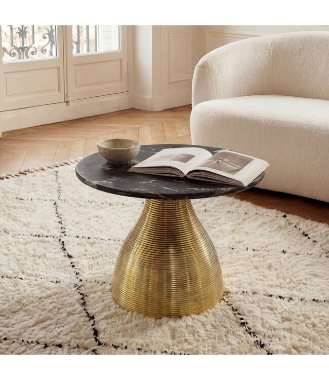 Wohnling Salontafel Metaal met zwart Marmer Tafelblad 60cm Rond - Moderne Woonkamertafel Aluminium Goud - Design Sofatafel Alu - Loungtafel Ribbeloptiek - Elegante Bijzettafel Handgemaakt