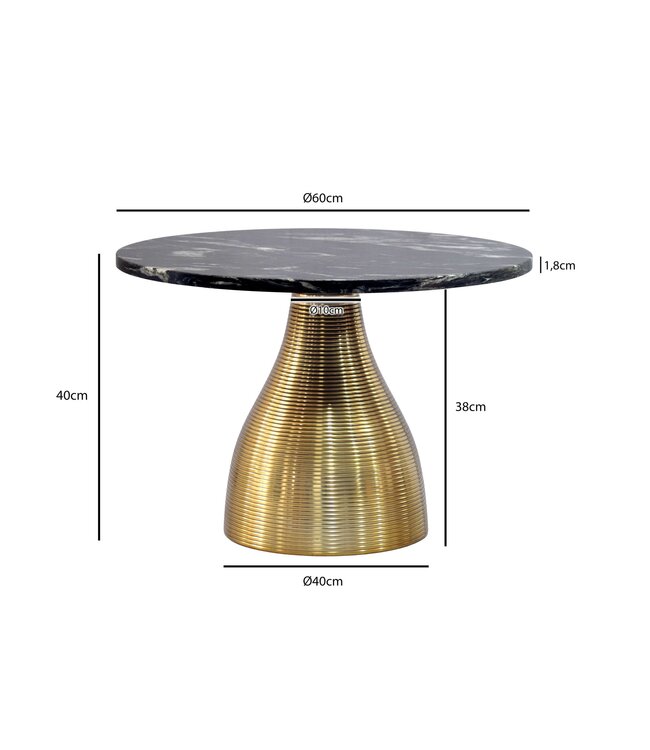 Wohnling Salontafel Metaal met zwart Marmer Tafelblad 60cm Rond - Moderne Woonkamertafel Aluminium Goud - Design Sofatafel Alu - Loungtafel Ribbeloptiek - Elegante Bijzettafel Handgemaakt