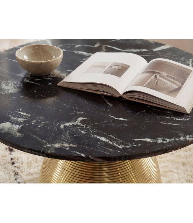 Wohnling Salontafel Metaal met zwart Marmer Tafelblad 60cm Rond - Moderne Woonkamertafel Aluminium Goud - Design Sofatafel Alu - Loungtafel Ribbeloptiek - Elegante Bijzettafel Handgemaakt