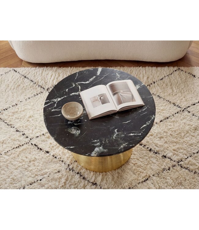 Wohnling Salontafel Metaal met zwart Marmer Tafelblad 60cm Rond - Moderne Woonkamertafel Aluminium Goud - Design Sofatafel Alu - Loungtafel Ribbeloptiek - Elegante Bijzettafel Handgemaakt