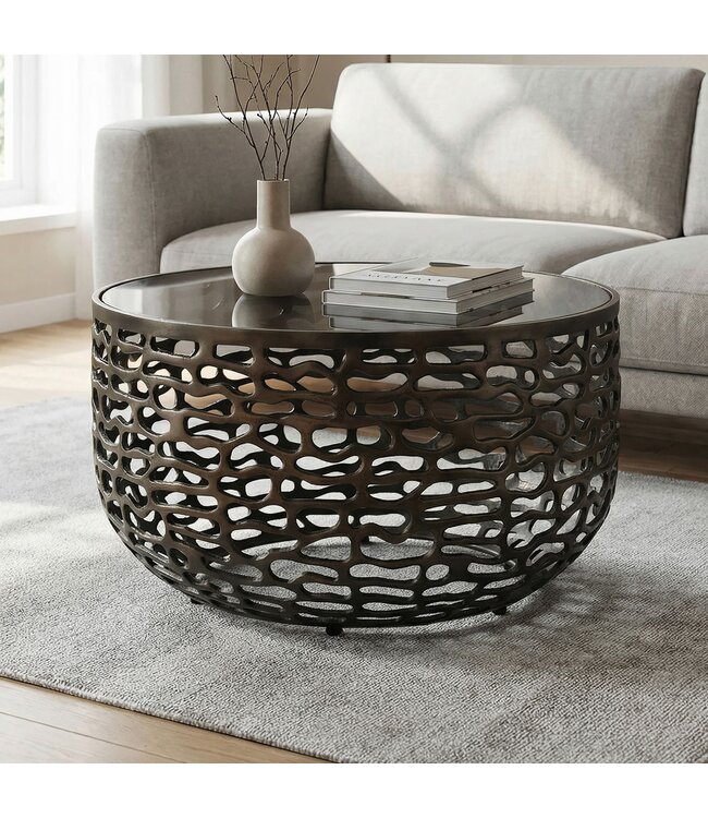 Wohnling Salontafel Aluminium Glas 60cm Zwart - Ronde Woonkamertafel Metaal - Design Sofatafel - Moderne Loungetafel Rasteroptiek - Bijzettafel Woonkamer Handgemaakt