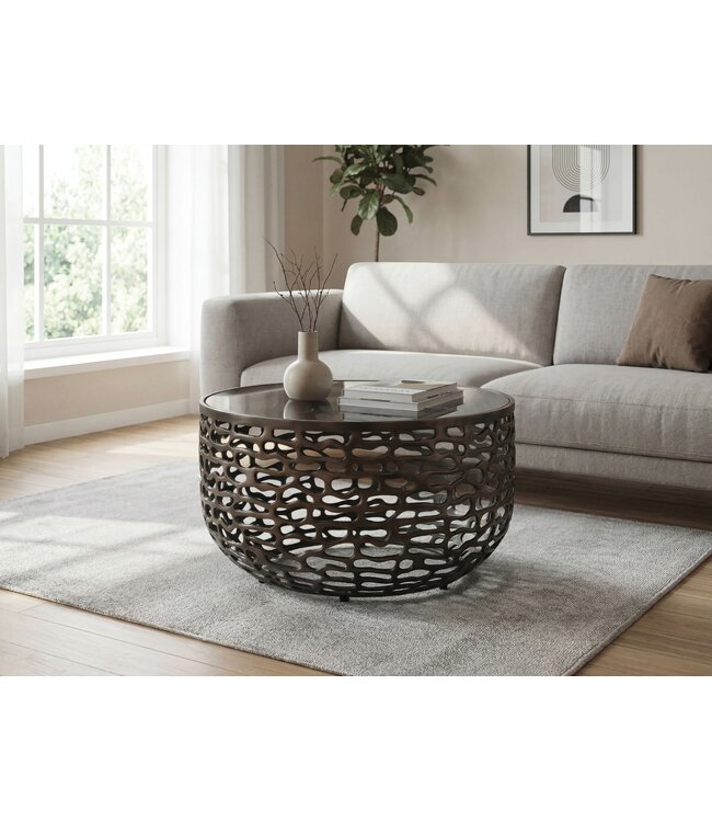 Wohnling Salontafel Aluminium Glas 60cm Zwart - Ronde Woonkamertafel Metaal - Design Sofatafel - Moderne Loungetafel Rasteroptiek - Bijzettafel Woonkamer Handgemaakt