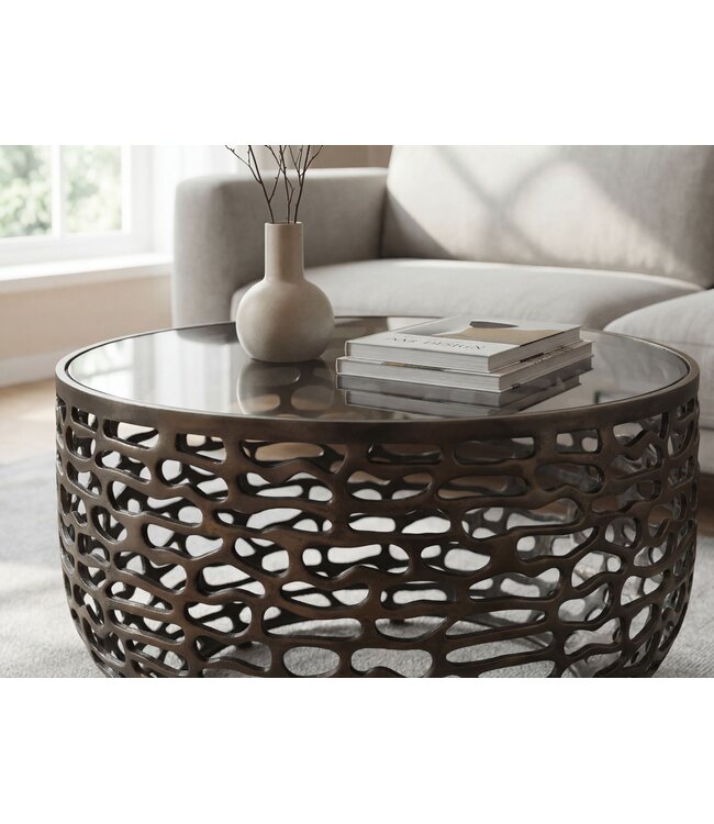 Wohnling Salontafel Aluminium Glas 60cm Zwart - Ronde Woonkamertafel Metaal - Design Sofatafel - Moderne Loungetafel Rasteroptiek - Bijzettafel Woonkamer Handgemaakt