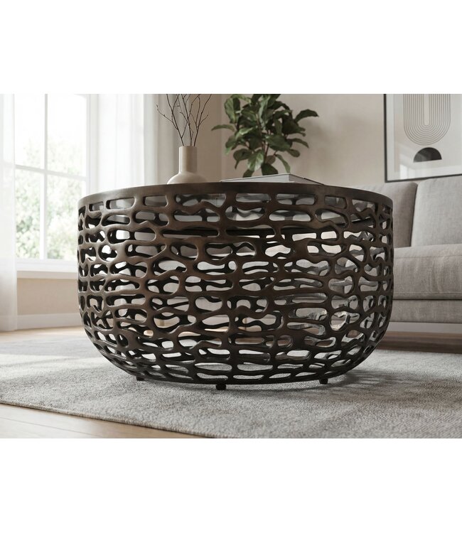 Wohnling Salontafel Aluminium Glas 60cm Zwart - Ronde Woonkamertafel Metaal - Design Sofatafel - Moderne Loungetafel Rasteroptiek - Bijzettafel Woonkamer Handgemaakt