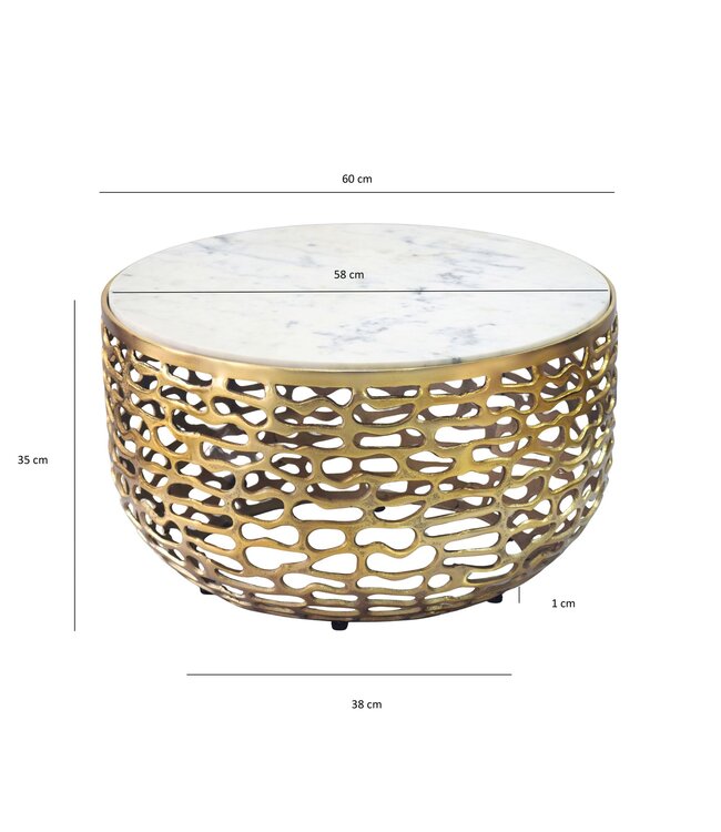 Wohnling Design metalen salontafel goud met wit marmeren tafelblad 60 cm rond - Aluminium woonkamertafel Modern - Loungtafel Alu bijzettafel Woonkamer Handgemaakt