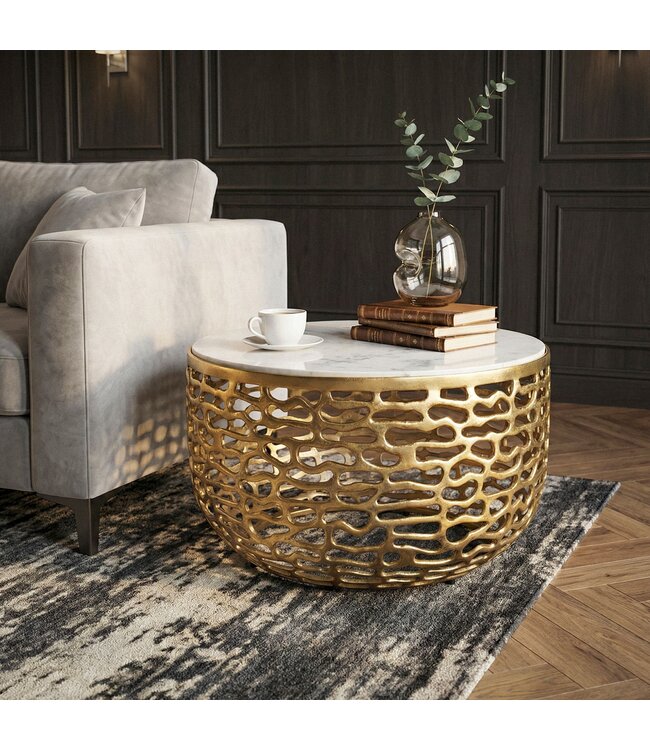 Wohnling Design metalen salontafel goud met wit marmeren tafelblad 60 cm rond - Aluminium woonkamertafel Modern - Loungtafel Alu bijzettafel Woonkamer Handgemaakt