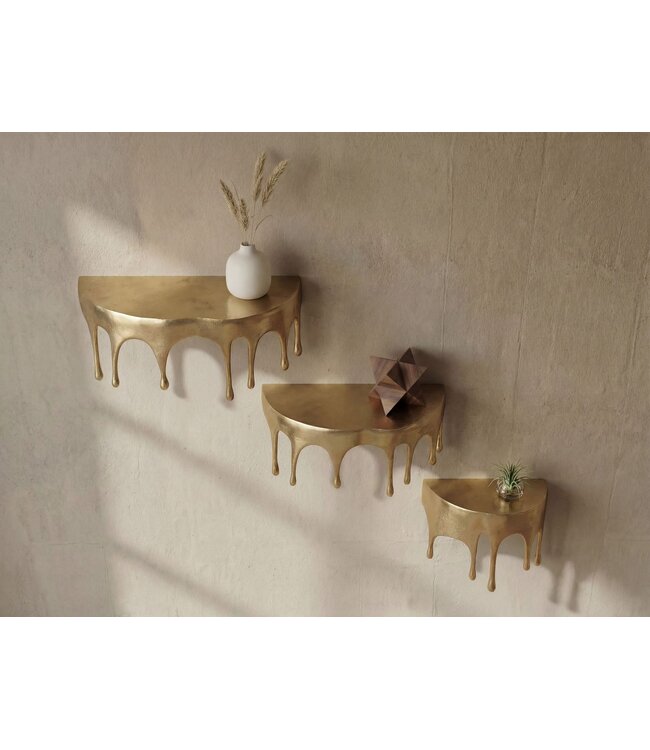 Wohnling Wandplank 3-delige Set Aluminium Goud Druppel Optiek - Bijzondere Hangplank Metaal - Design Drops Zwevende Plank Alu - Modern Wandrek Decoratieplank Handgemaakt