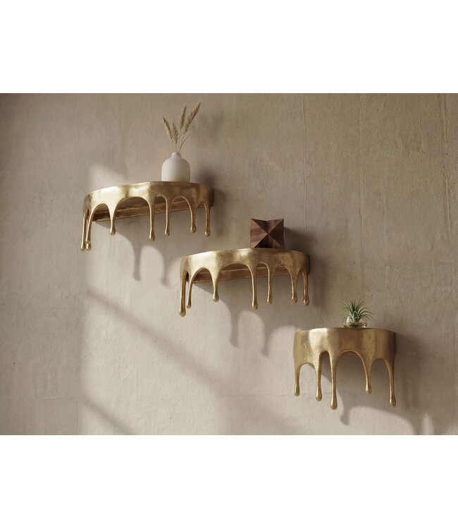 Wohnling Wandplank 3-delige Set Aluminium Goud Druppel Optiek - Bijzondere Hangplank Metaal - Design Drops Zwevende Plank Alu - Modern Wandrek Decoratieplank Handgemaakt