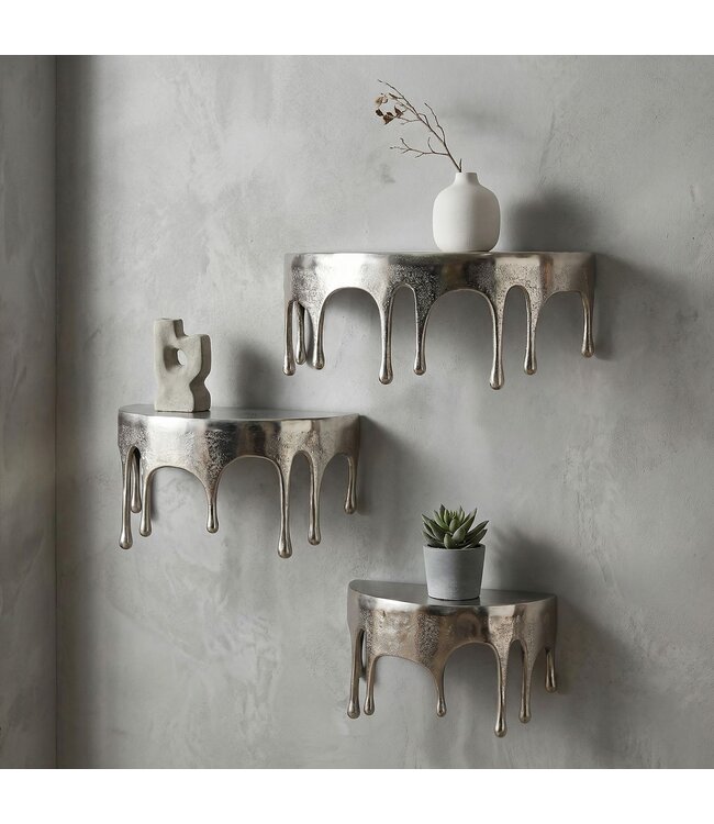Wohnling Wandplank 3-delige set Aluminium Zilver Druppel Optiek - Bijzondere Hangplank Metaal - Design Drops Zwevende Plank Alu - Modern Wandrek Decoratief Handgemaakt
