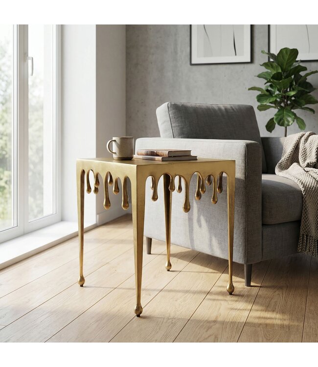 Wohnling Bijzettafel Goud 45,5cm Aluminium Tafel Vierkant - Design Aanrechttafel Alu Modern Drops - Woonkamertafel Metaal Druppels - Metalen Decoratietafel Salontafel Handgemaakt
