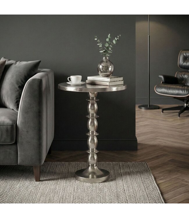 Wohnling Bijzettafel Zilver 40cm Aluminium Ronde Tafel - Aanbouwtafel Raw Finish - Design Salontafel Decoratietafel - Metalen Tafel Oriëntaals Modern - Sofatafel Couchtafel Handgemaakt