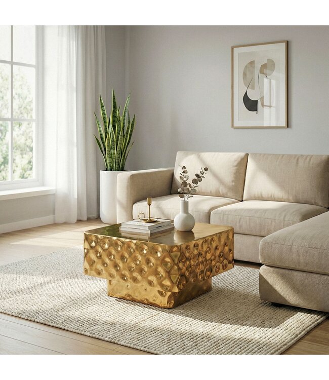 Wohnling Salontafel Aluminium Vierkant 60cm Goud - Design Woonkamertafel Gehamerd - Moderne Loungtafel - Banktafel Hamerslag - Bijzettafel Woonkamer Handgemaakt