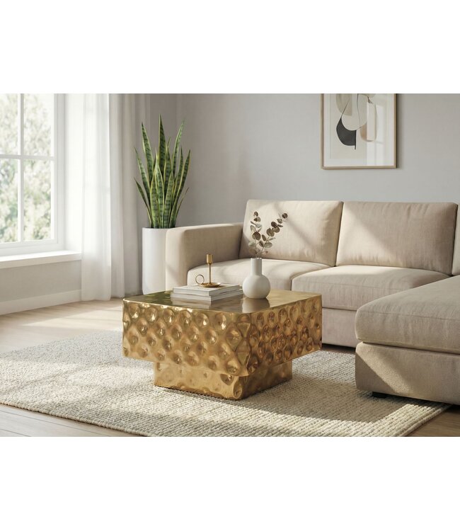 Wohnling Salontafel Aluminium Vierkant 60cm Goud - Design Woonkamertafel Gehamerd - Moderne Loungtafel - Banktafel Hamerslag - Bijzettafel Woonkamer Handgemaakt