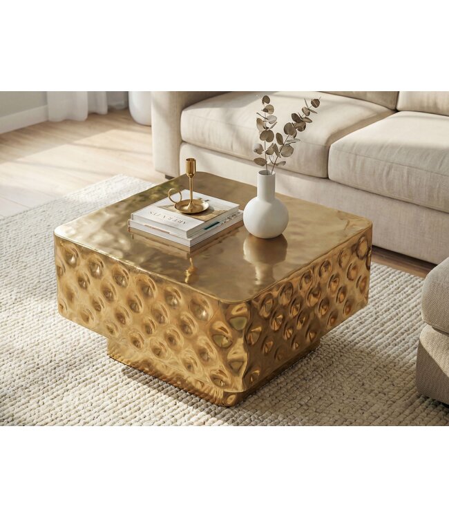 Wohnling Salontafel Aluminium Vierkant 60cm Goud - Design Woonkamertafel Gehamerd - Moderne Loungtafel - Banktafel Hamerslag - Bijzettafel Woonkamer Handgemaakt