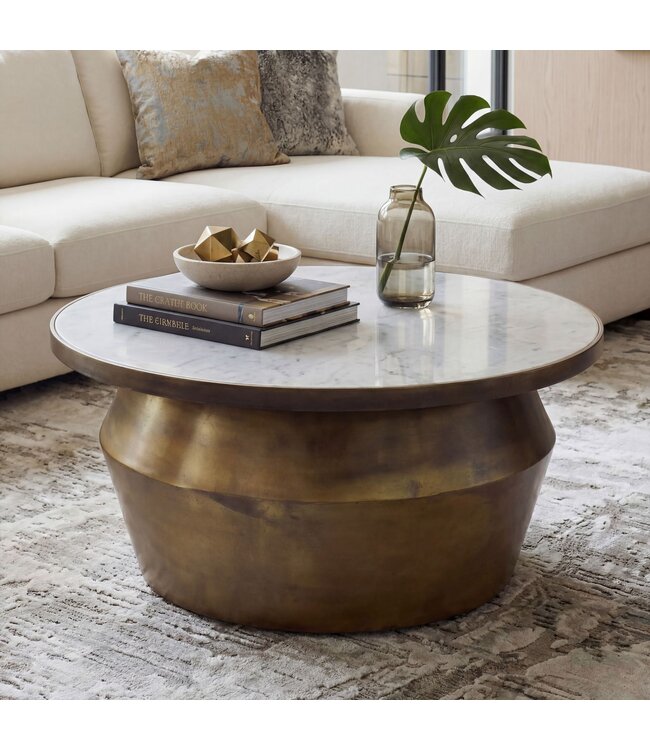 Wohnling Salontafel 60cm Aluminium met wit marmeren tafelblad - Ronde woonkamertafel - Design banktafel - Moderne loungetafel - Elegante bijzettafel woonkamer Handgemaakt