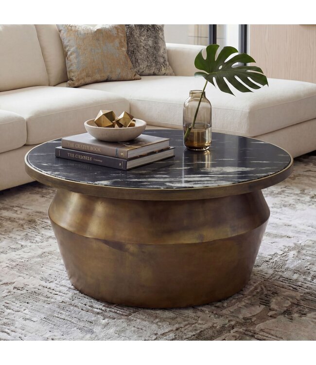 Wohnling Salontafel 60cm Aluminium met zwart marmeren tafelblad - Ronde woonkamertafel - Design banktafel - Moderne loungetafel - Elegante bijzettafel woonkamer Handgemaakt