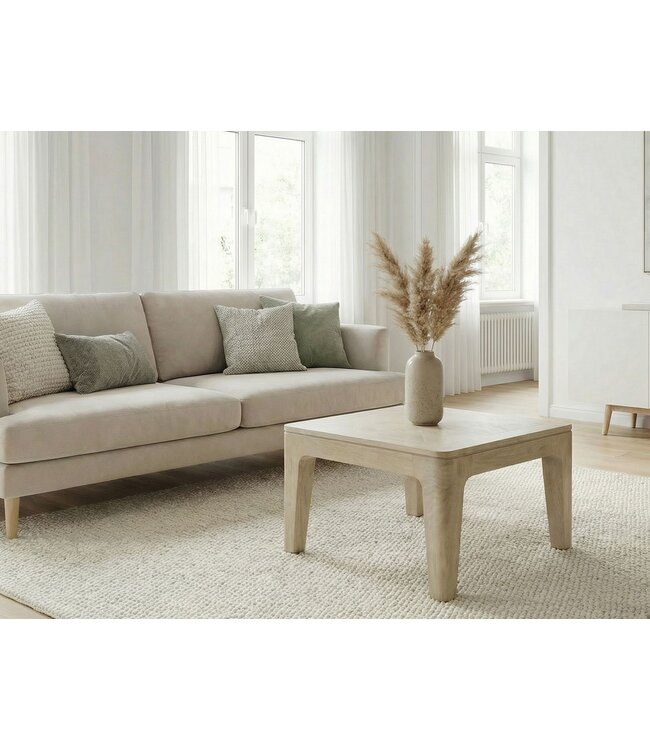 Wohnling Salontafel 60cm Massief Mangohout white wash - Vierkante Woonkamertafel - Moderne Houten Sofatafel - Design Woonkamer Bijzettafel Handgemaakt